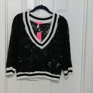 Black Lace Top With White Stripe Detail